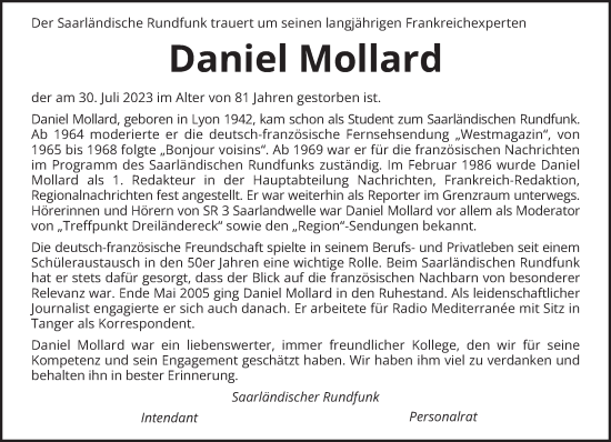 Traueranzeige von Daniel Mollard von saarbruecker_zeitung