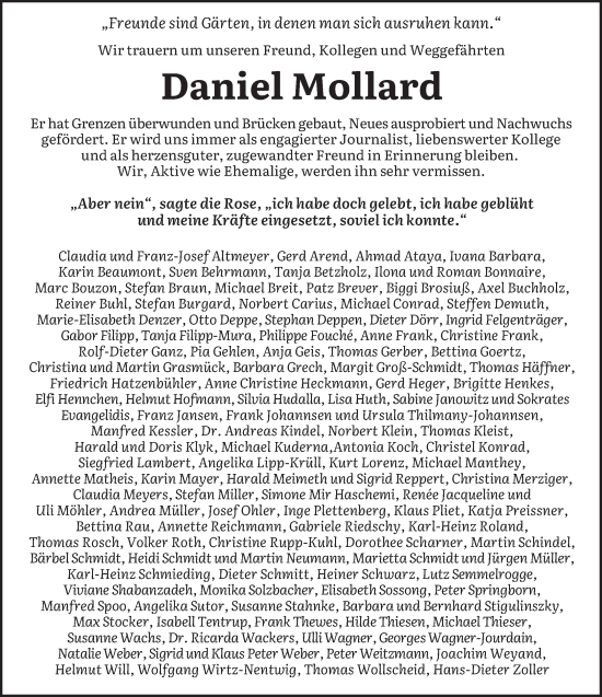 Traueranzeige von Daniel Mollard von saarbruecker_zeitung