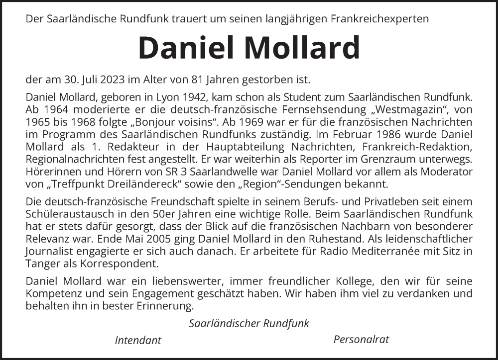  Traueranzeige für Daniel Mollard vom 05.08.2023 aus saarbruecker_zeitung