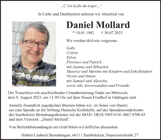 Traueranzeige von Daniel Mollard von saarbruecker_zeitung