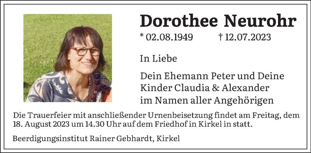  Traueranzeige für Dorothee Neurohr vom 12.08.2023 aus saarbruecker_zeitung
