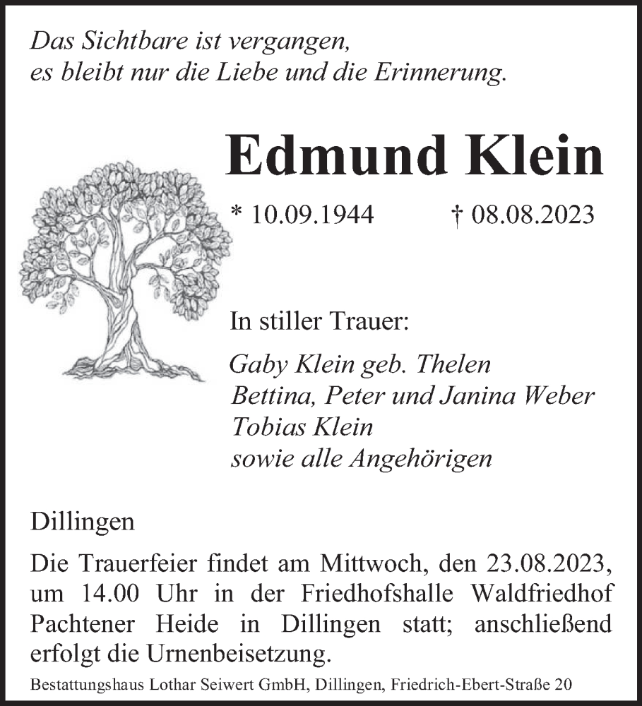  Traueranzeige für Edmund Klein vom 19.08.2023 aus saarbruecker_zeitung