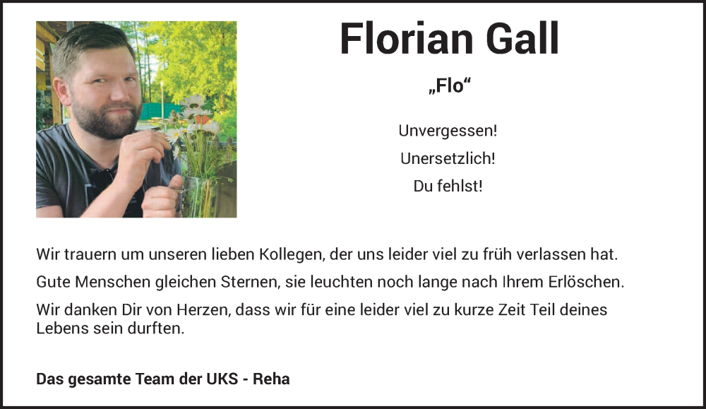  Traueranzeige für Florian Gall vom 16.08.2023 aus saarbruecker_zeitung