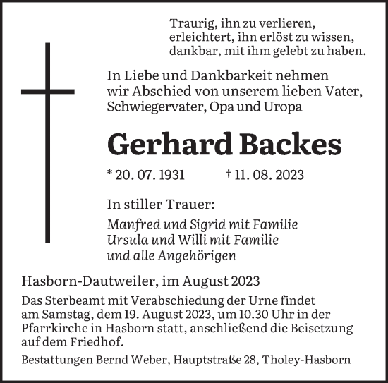 Traueranzeige von Gerhard Backes von saarbruecker_zeitung