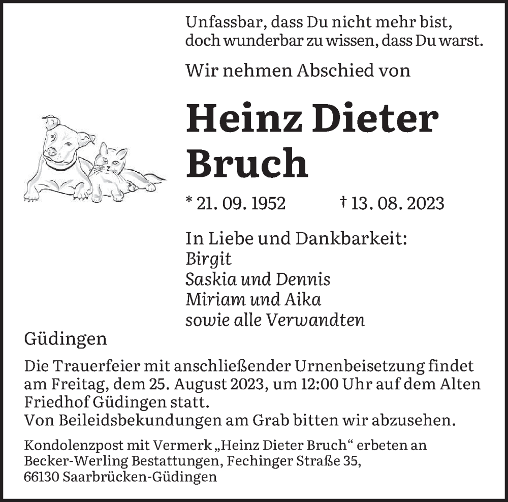  Traueranzeige für Heinz Dieter Bruch vom 19.08.2023 aus saarbruecker_zeitung