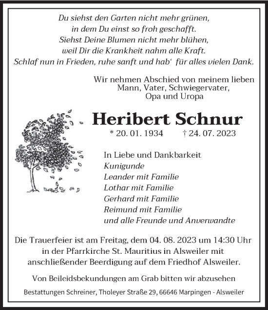 Traueranzeige von Heribert Schnur von saarbruecker_zeitung