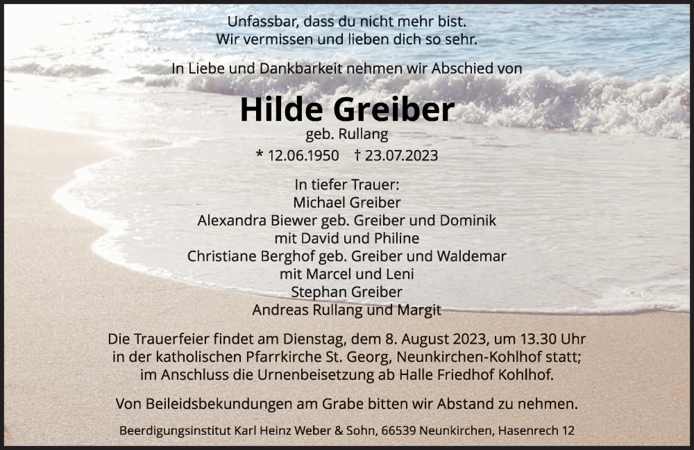  Traueranzeige für Hilde Greiber vom 05.08.2023 aus saarbruecker_zeitung