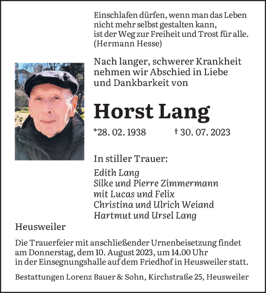 Traueranzeige von Horst Lang von saarbruecker_zeitung