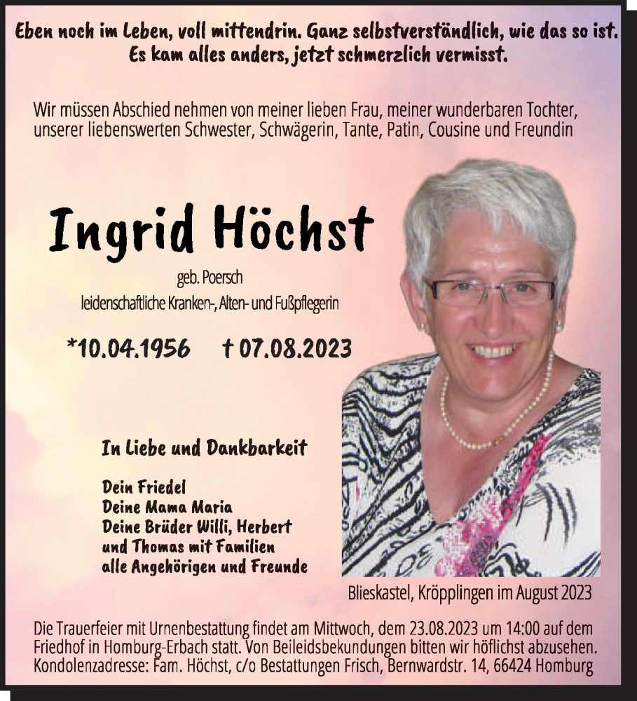  Traueranzeige für Ingrid Höchst vom 19.08.2023 aus saarbruecker_zeitung