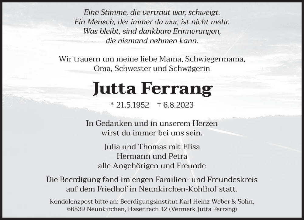  Traueranzeige für Jutta Ferrang vom 26.08.2023 aus saarbruecker_zeitung