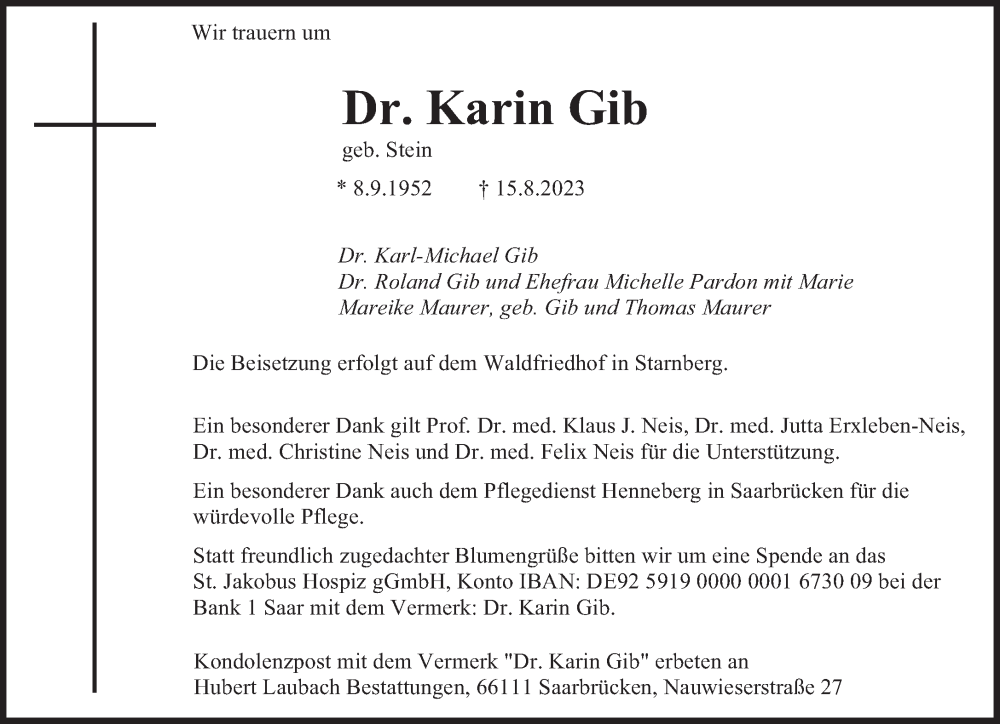  Traueranzeige für Karin Gib vom 19.08.2023 aus saarbruecker_zeitung