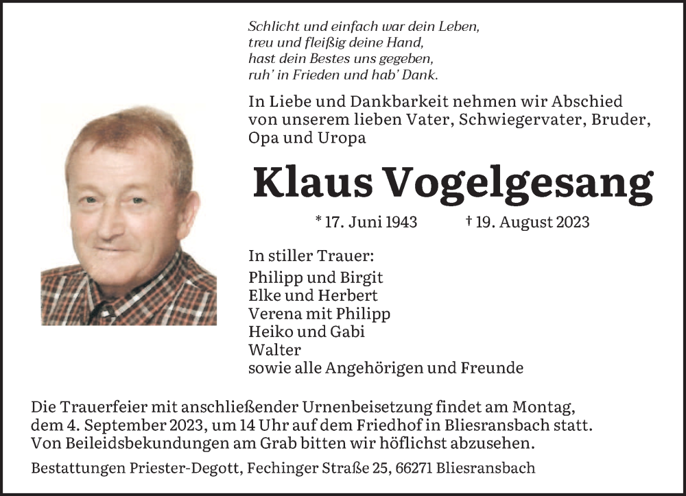  Traueranzeige für Klaus Vogelgesang vom 26.08.2023 aus saarbruecker_zeitung