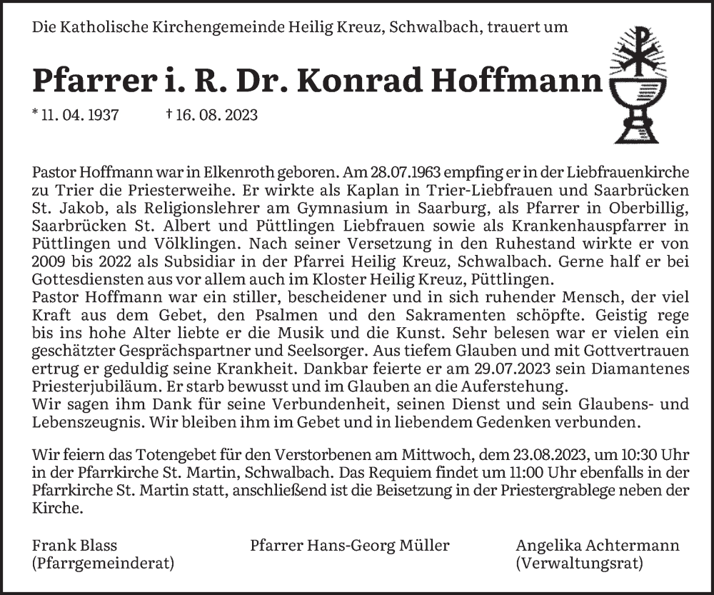  Traueranzeige für Konrad Hoffmann vom 19.08.2023 aus saarbruecker_zeitung