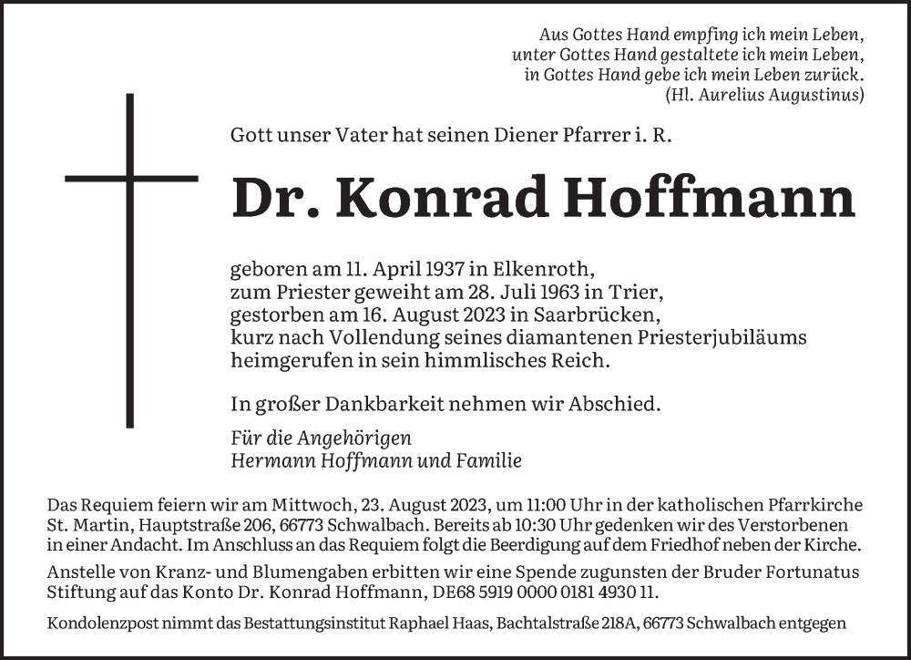  Traueranzeige für Konrad Hoffmann vom 19.08.2023 aus saarbruecker_zeitung