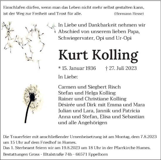 Traueranzeige von Kurt Kolling von saarbruecker_zeitung