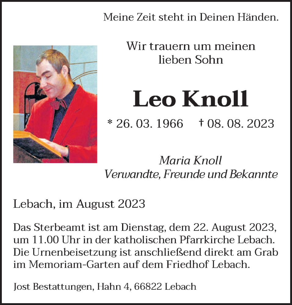  Traueranzeige für Leo Knoll vom 19.08.2023 aus saarbruecker_zeitung