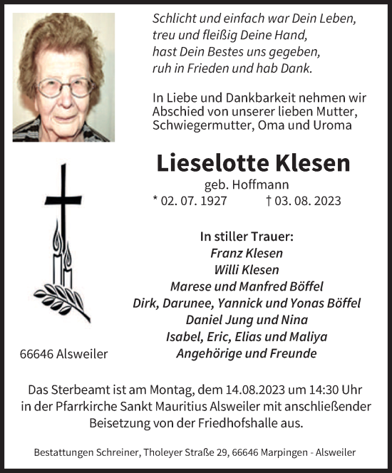 Traueranzeige von Lieselotte Klesen von saarbruecker_zeitung