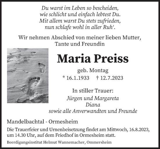 Traueranzeige von Maria Preiss von saarbruecker_zeitung