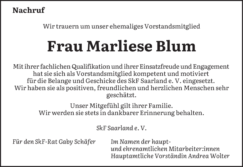  Traueranzeige für Marliese Blum vom 26.08.2023 aus saarbruecker_zeitung