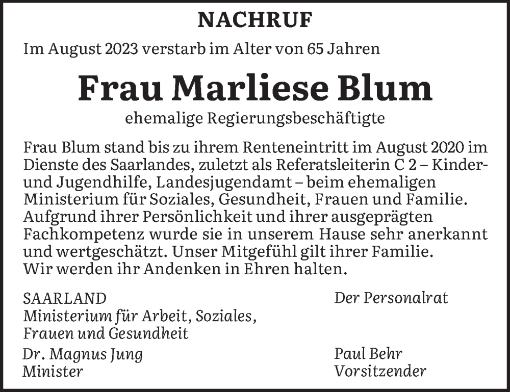  Traueranzeige für Marliese Blum vom 26.08.2023 aus saarbruecker_zeitung