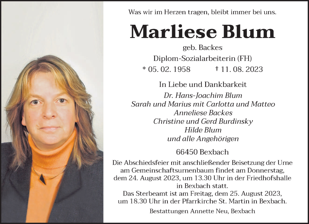  Traueranzeige für Marliese Blum vom 21.08.2023 aus saarbruecker_zeitung