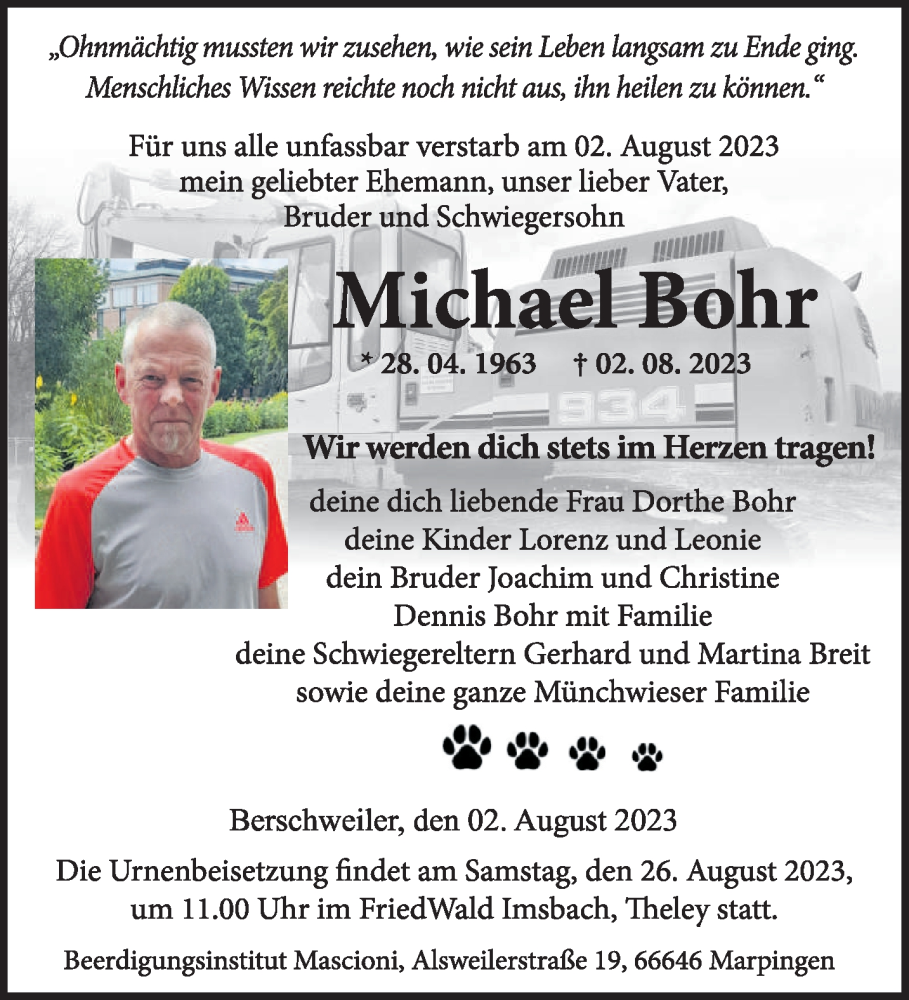  Traueranzeige für Michael Bohr vom 12.08.2023 aus saarbruecker_zeitung