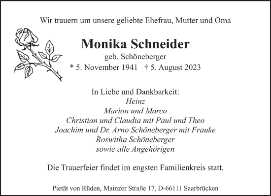 Traueranzeige von Monika Schneider von saarbruecker_zeitung