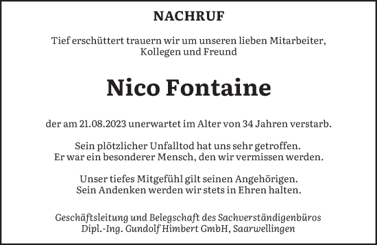 Traueranzeige von Nico Fontaine von saarbruecker_zeitung