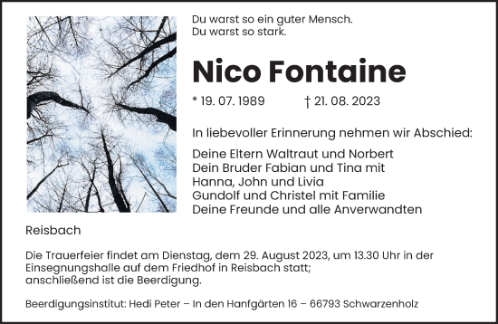 Traueranzeige von Nico Fontaine von saarbruecker_zeitung