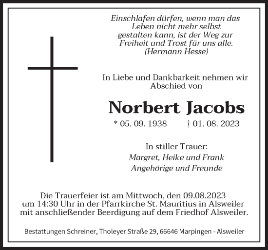 Traueranzeige von Norbert Jacobs von saarbruecker_zeitung