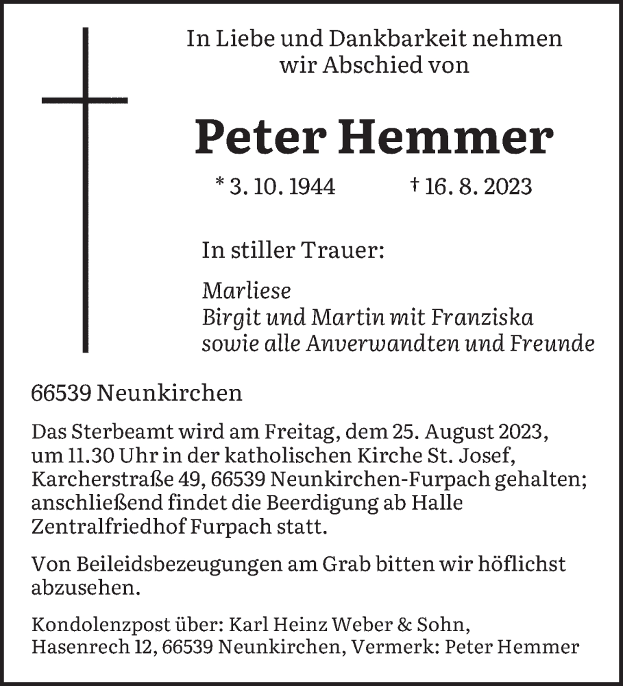  Traueranzeige für Peter Hemmer vom 23.08.2023 aus saarbruecker_zeitung