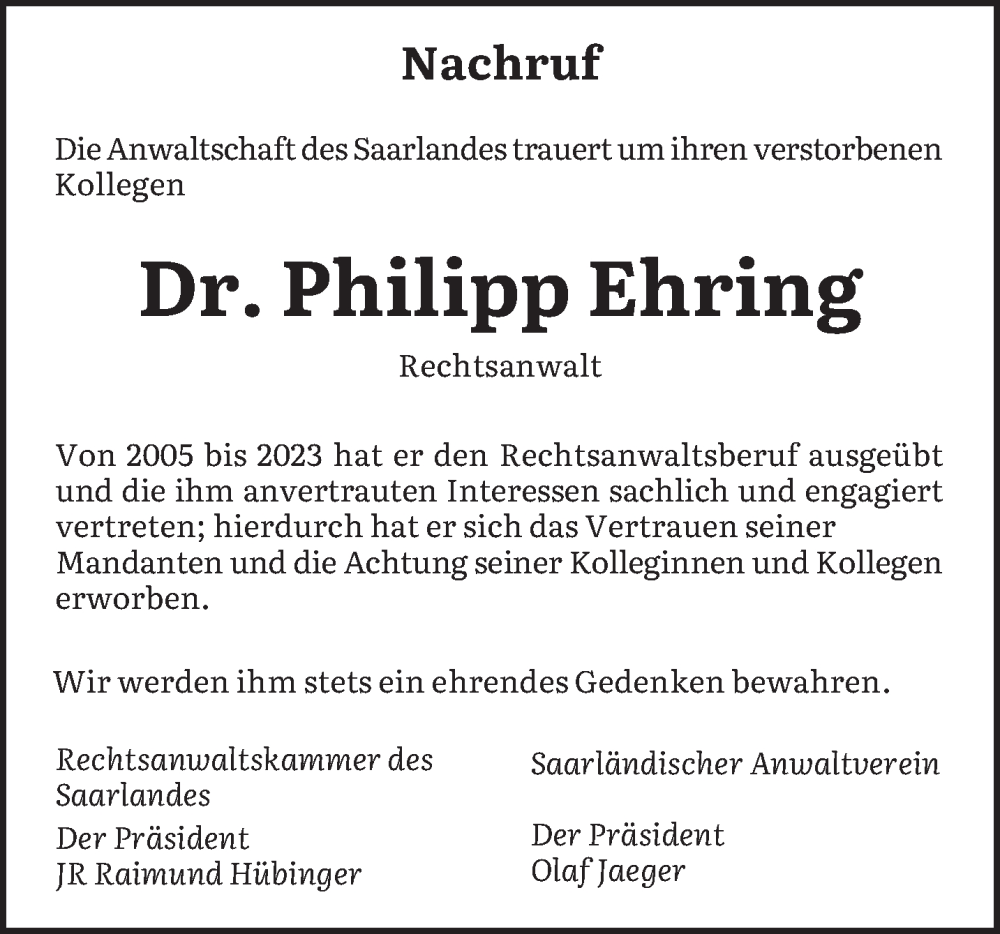  Traueranzeige für Philipp Ehring vom 05.08.2023 aus saarbruecker_zeitung