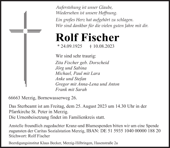 Traueranzeige von Rolf Fischer von saarbruecker_zeitung