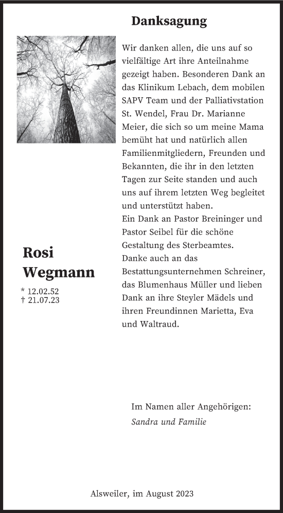 Traueranzeige von Rosi Wegmann von saarbruecker_zeitung