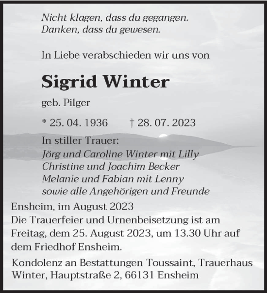 Traueranzeige von Sigrid Winter von saarbruecker_zeitung