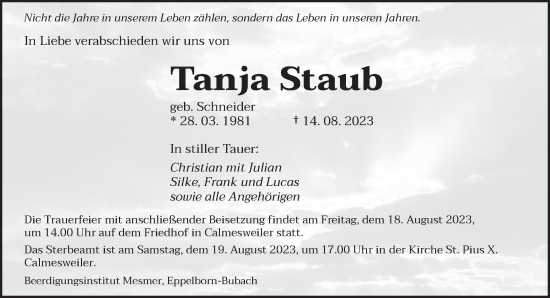 Traueranzeige von Tanja Staub von saarbruecker_zeitung