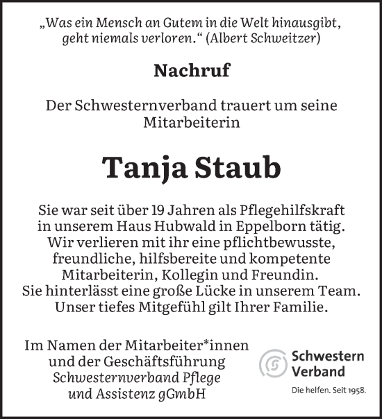 Traueranzeige von Tanja Staub von saarbruecker_zeitung