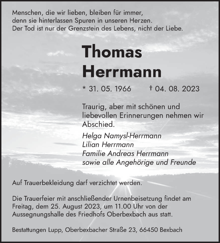  Traueranzeige für Thomas Herrmann vom 18.08.2023 aus saarbruecker_zeitung