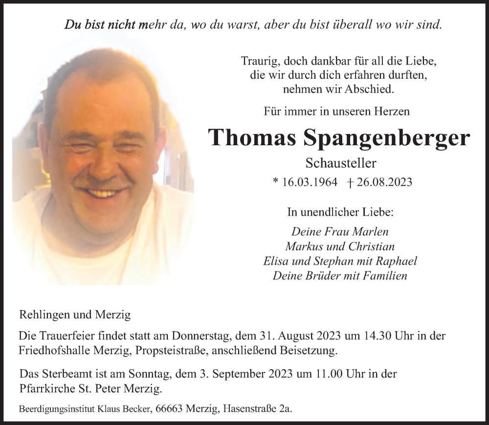  Traueranzeige für Thomas Spangenberger vom 29.08.2023 aus saarbruecker_zeitung