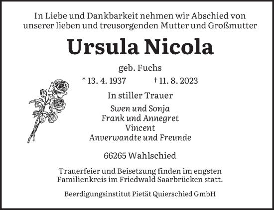 Traueranzeige von Ursula Nicola von saarbruecker_zeitung