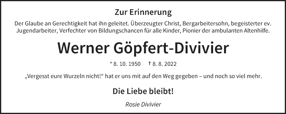  Traueranzeige für Werner Göpfert-Divivier vom 08.08.2023 aus saarbruecker_zeitung