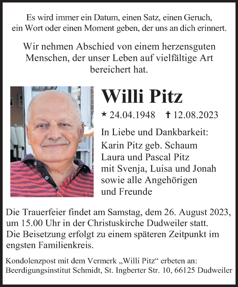  Traueranzeige für Willi Pitz vom 19.08.2023 aus saarbruecker_zeitung