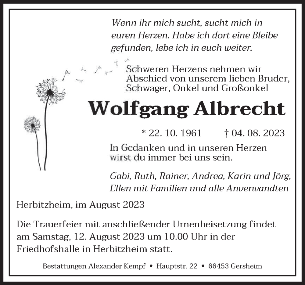  Traueranzeige für Wolfgang Albrecht vom 09.08.2023 aus saarbruecker_zeitung