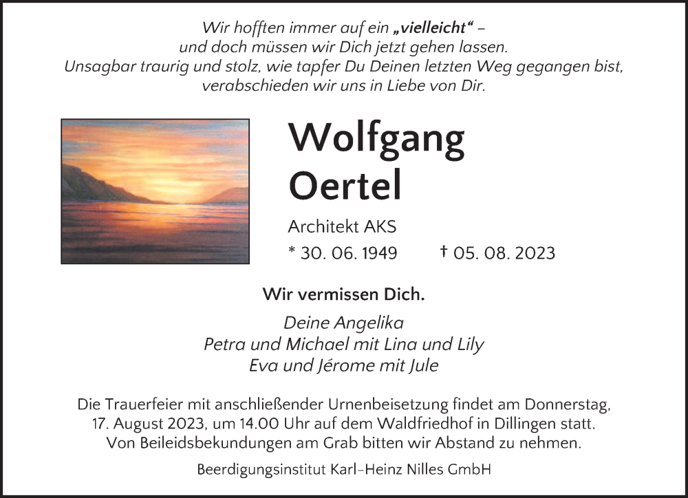  Traueranzeige für Wolfgang Oertel vom 12.08.2023 aus saarbruecker_zeitung