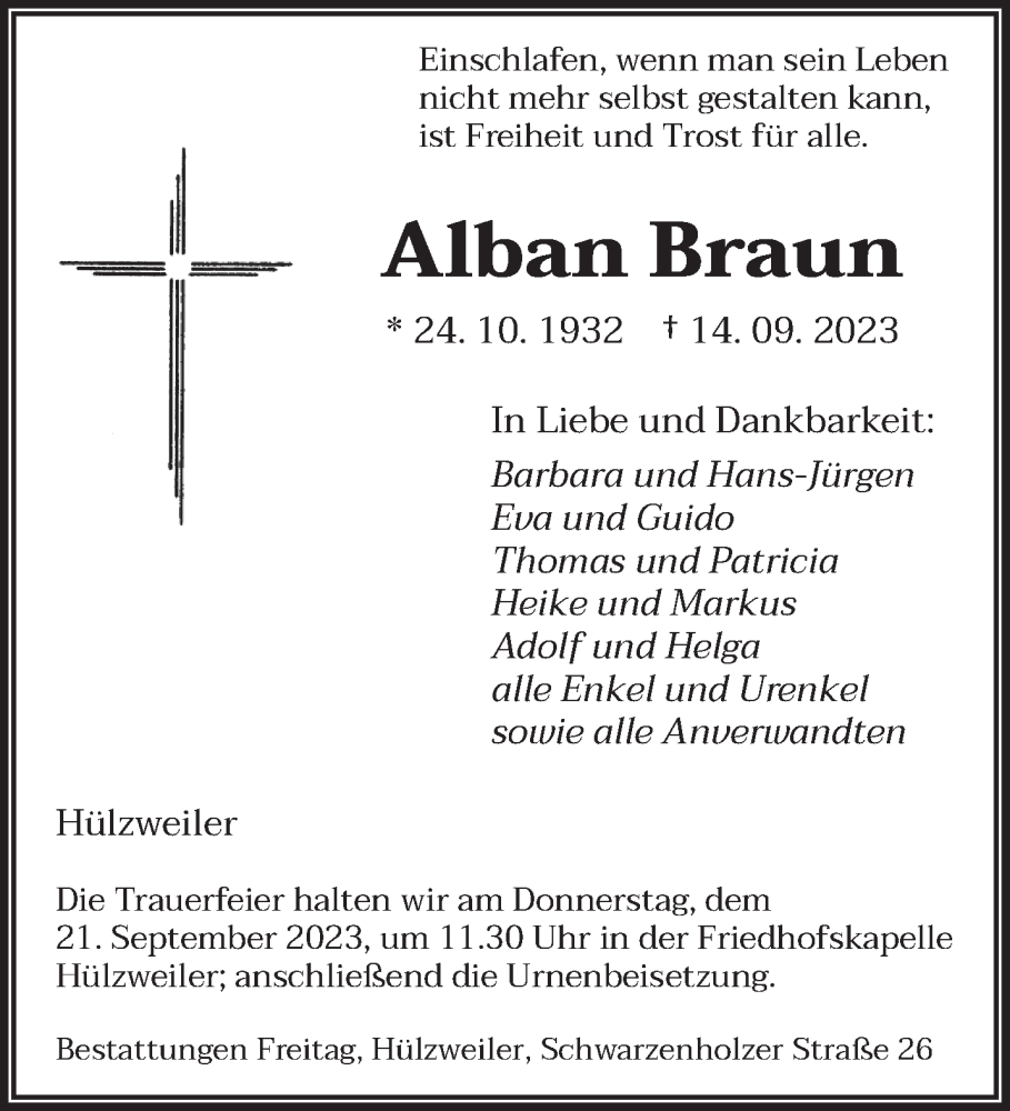 Traueranzeige für Alban Braun vom 18.09.2023 aus saarbruecker_zeitung