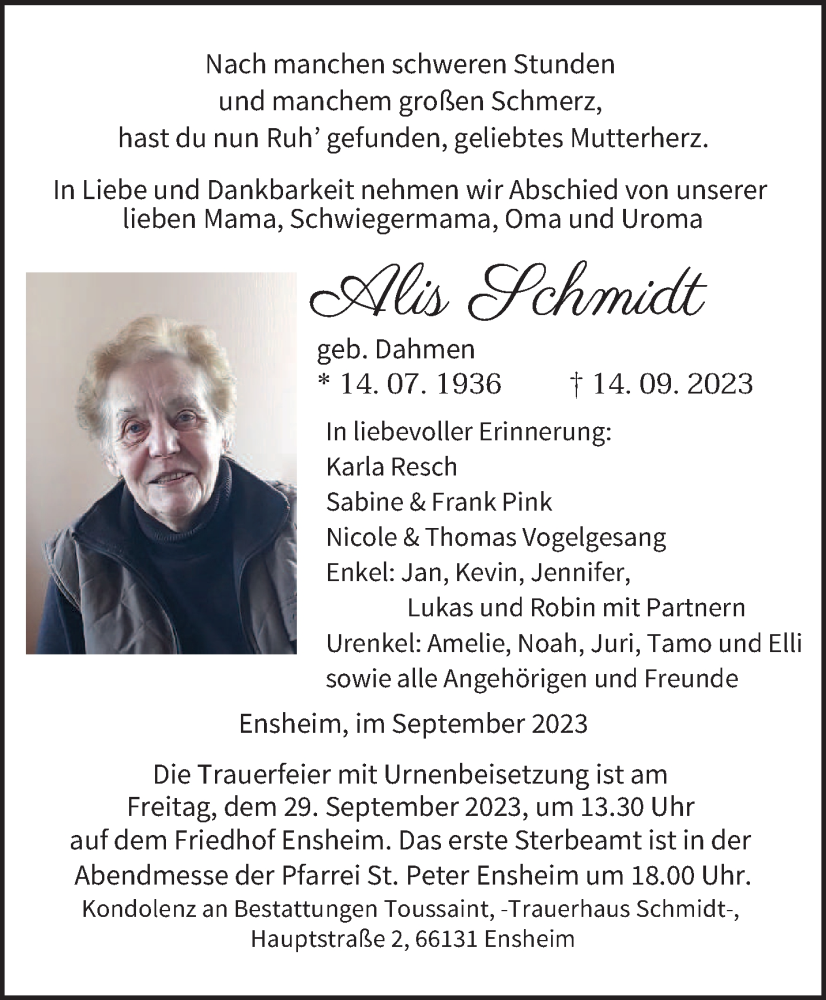  Traueranzeige für Alis Schmidt vom 16.09.2023 aus saarbruecker_zeitung