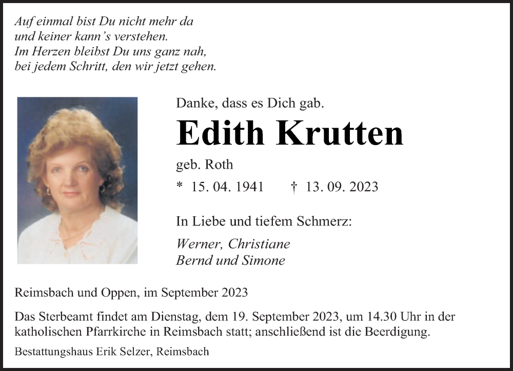  Traueranzeige für Edith Krutten vom 16.09.2023 aus saarbruecker_zeitung
