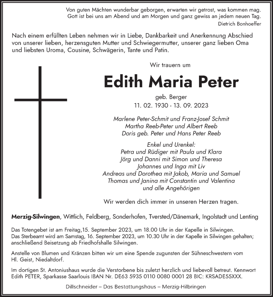  Traueranzeige für Edith Maria Peter vom 15.09.2023 aus saarbruecker_zeitung