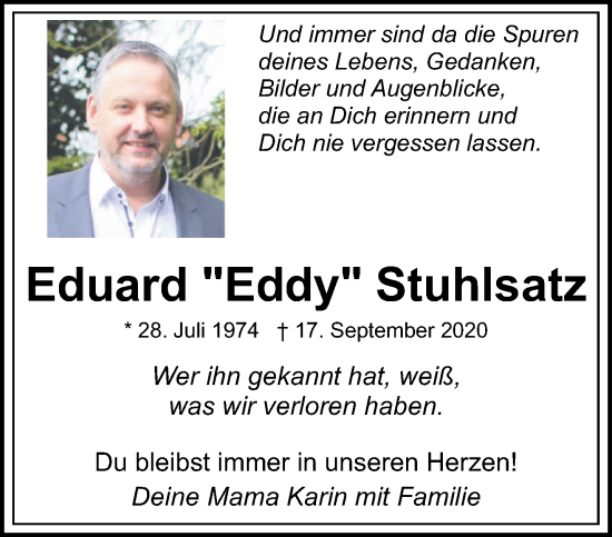 Traueranzeige von Eduard  Stuhlsatz von saarbruecker_zeitung