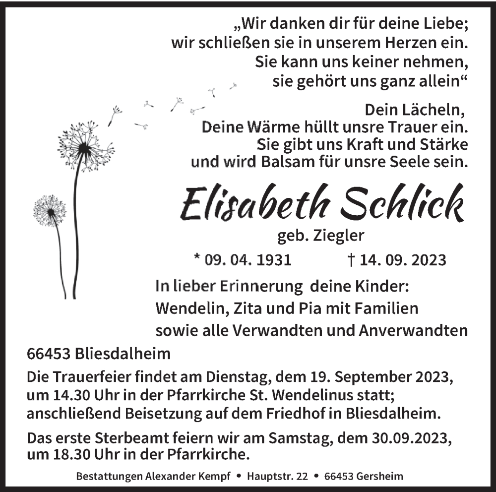  Traueranzeige für Elisabeth Schlick vom 16.09.2023 aus saarbruecker_zeitung